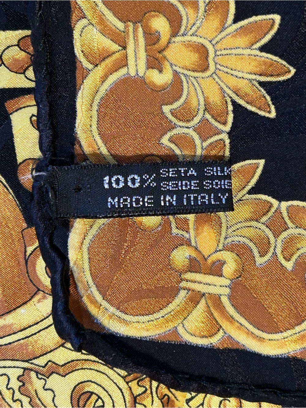 Vintage Italian Silk Scarf Black Gold Baroque Scroll Print Square 33x33 - Picture 4 of 9